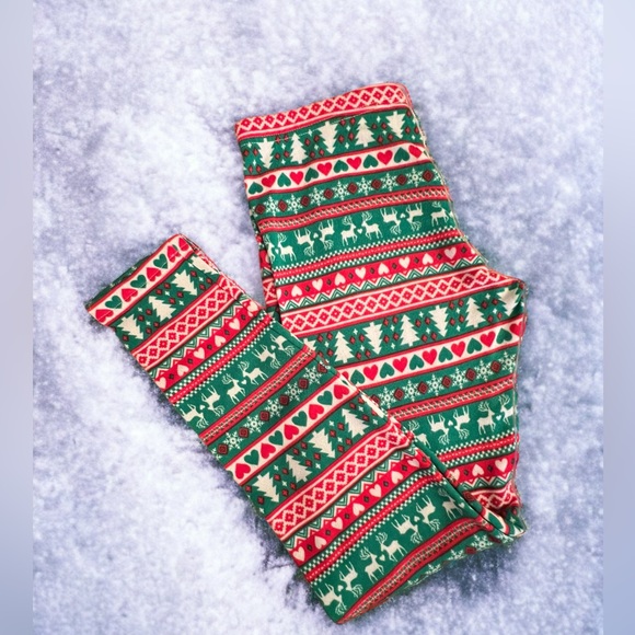 Women’s, Christmas Print  Leggings, Red,Grn & White, Reindeer, Fir Trees, Sz. LG - Picture 8 of 8